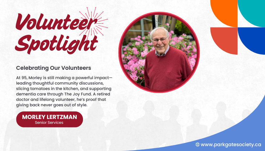 Morley Lertzman, smiling in front of blooming flowers, is featured as a senior services volunteer making a lasting impact at age 95.