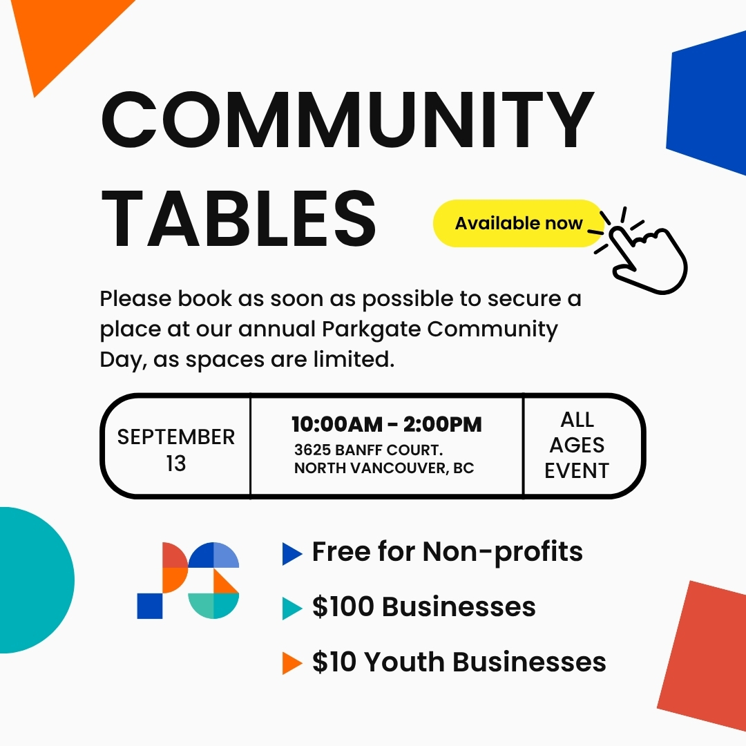 Promotional graphic for "Community Tables" at Parkgate Community Day. It announces that booking is available now and urges early registration due to limited space. The event is on September 13 from 10:00 AM – 2:00 PM at 3625 Banff Court, North Vancouver, BC, and is an all-ages event. Booth pricing is listed as: Free for Non-profits, $100 for Businesses, and $10 for Youth Businesses. The design features bold text, colorful abstract shapes, and a yellow button with a cursor pointing to it.</p>
<p>